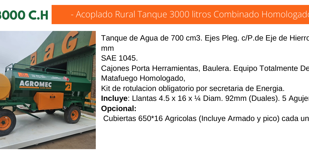 ART 3000 C.H. - Acoplado Rural Tanque 3000 litros Combinado Homologado