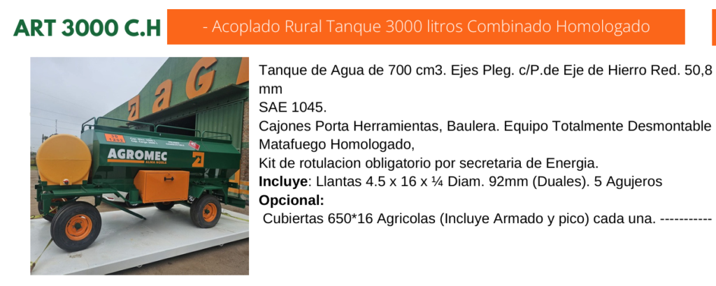 ART 3000 C.H. - Acoplado Rural Tanque 3000 litros Combinado Homologado